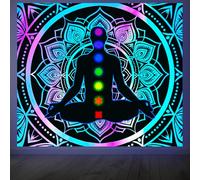 CRAFTYMELODY Meditator Blacklight Tapestry Glow in the Dark Tapestry UV Reactive Mandalas Wall Hanging 59×51 Inch with Hook Self Adhesive Sticker Clip for Bedroom Home Wall Decoration