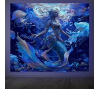 CRAFTYMELODY Mermaid Blacklight Tapestry Ocean Theme Glow in the Dark Tapestry UV Reactive Forest Wall Hanging 59×51 Inch with Hook Self Adhesive Sticker Clip for Home Wall Decor