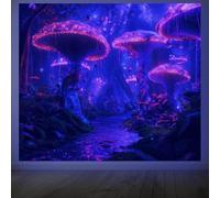CRAFTYMELODY Mushroom Blacklight Tapestry Glow in the Dark Tapestry UV Reactive Neon Mushroom Forest Wall Hanging 59×51 Inch with Hook Self Adhesive Sticker Clip for Bedroom Home Wall Decoration