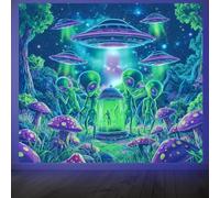 CRAFTYMELODY Neon Alien UFO Blacklight Tapestry Forest Mushroom Glow in the Dark Tapestry UV Reactive Alien Forest Wall Hanging 59×51 Inch with Hook Self Adhesive Sticker Clip for Home Wall Decor