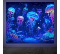 CRAFTYMELODY Neon Jellyfish Blacklight Tapestry Underwater Glow in the Dark Tapestry UV Reactive Ocean Theme Wall Hanging 59×51 Inch with Hook Self Adhesive Sticker Clip for Home Wall Decor