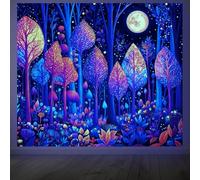 CRAFTYMELODY Neon Moonlit Forest Blacklight Tapestry Tree Forest Glow in the Dark Tapestry UV Reactive Whimsical Tree Wall Hanging 59×51 Inch with Hook Self Adhesive Sticker Clip for Home Wall Decor