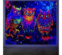 CRAFTYMELODY Owl Blacklight Tapestry Glow in the Dark Tapestry UV Reactive Colorful Forest Aniaml Wall Hanging 59×51 Inch with Hook Self Adhesive Sticker Clip for Bedroom Home Wall Decoration