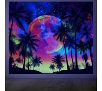 CRAFTYMELODY Palm Tree Blacklight Tapestry Tropical Moon Glow in the Dark Tapestry UV Reactive Cosmic Palm Sunset Wall Hanging 59×51 Inch with Hook Self Adhesive Sticker Clip for Home Wall Decor