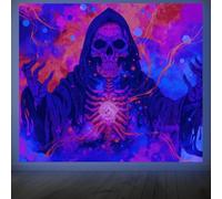 CRAFTYMELODY Reaper Blacklight Tapestry Glow in the Dark Tapestry UV Reactive Neon Reaper Skull Forest Wall Hanging 59×51 Inch with Hook Self Adhesive Sticker Clip for Bedroom Home Wall Decoration