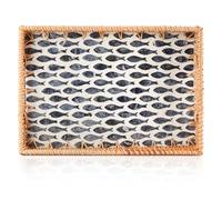 CRAFTYMELODY Rectangle Rattan Tray with Mother of Pearl Inlay Peru Dark Blue Fish Rattan Serving Tray Wood Coffee Table Tray with Handle for Bread Fruits Snacks Table Decor Kitchen Counter Entryway