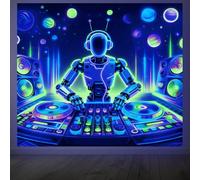 CRAFTYMELODY Robot DJ Blacklight Tapestry Neon Planets Glow in the Dark Tapestry UV Reactive Music Robot Wall Hanging 59×51 Inch with Hook Self Adhesive Sticker Clip for Home Wall Decor Hanging