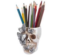 CRAFTYMELODY Skull Planter Pen Holder Spooky Goth Desk Accessories Makeup Brush Organizer Bathroom storage Holder with Silver Butterfly for Halloween Decoration Desk Office Organizer Stationary
