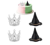 CRAFTYMELODY Witch Theme Party Cake Decoration 2Pcs Silver Crown 2Pcs Black Witch Hat Mini Wizard Hats Crown Cupcake Decorations Supplies for Movie Theme Party Princess Birthday Celebration Decoration