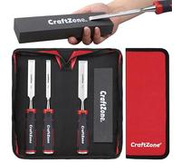 CraftZone 4-Piece Chisel & Sharpening Stone Set - 12mm, 19mm, 25mm Wood Chisels & 200mm (8") Sharpening Stone, CRV Steel, Machine Polished, Double-Sided, with Pouch