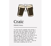 Craic Irish Word Definition Wall Art, Sout Glasses Illustration, Typography Print, Pub Decor (white). Size A4