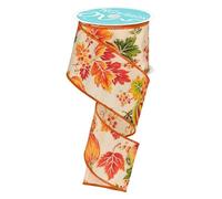 Craig Bachman 2.5" Inch Cream Leaves and Pumpkins Wired Ribbon, 50 Yards for Fall and Thanksgiving Bows, Wreaths, Gift Wrap, Crafts and Decorations (Cream, Orange, Green) - Gourds, Berries