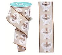 Craig Bachman Amazing Grace Cross Ribbon, Natural Linen with Wings Design, 2.5 inches x 10 Yards, Wired Edge