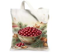 Cranberries Canvas Tote Bag, Rustic Nature-Inspired Pine Leaves Fall Red Small Tote Bags 13x15 Inch, Red, 13x15 Inch
