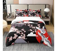 Crane 100% Cotton Duvet Cover Double Japanese-Style Bedding Set Cherry Blossoms Pattern Adult Women Girls Comforter Cover 2 Pieces Japanese Traditional Pattern Decor Comforter Set with Zipper Ties