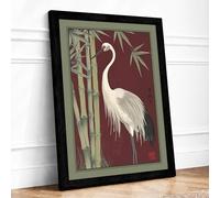 Crane Among Bamboo Japandi Framed Wall Art Print A2 Black