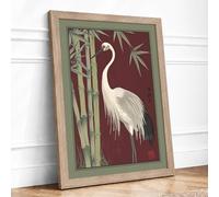 Crane Among Bamboo Japandi Framed Wall Art Print A3 Oak