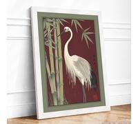 Crane Among Bamboo Japandi Framed Wall Art Print A3 White