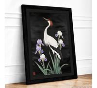 Crane Among Irises Japandi Framed Wall Art Print A1 (84.1×59.4cm) Black, Wall Decor for Living Room, Bedroom, Office & Home, Ready to Hang, Art Gift