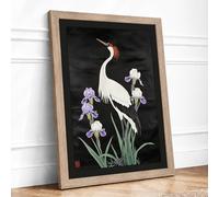 Crane Among Irises Japandi Framed Wall Art Print A4 Oak