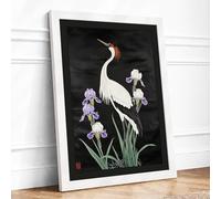 Crane Among Irises Japandi Framed Wall Art Print A4 White