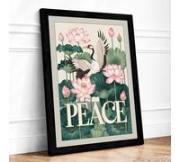 Crane Among Lotus Japandi Framed Wall Art Print A1 Black