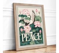 Crane Among Lotus Japandi Framed Wall Art Print A2 Oak