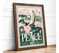 Crane Among Lotus Japandi Framed Wall Art Print A3 Walnut