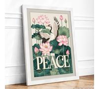 Crane Among Lotus Japandi Framed Wall Art Print A4 White