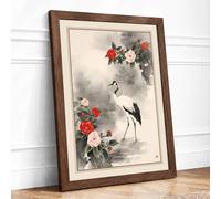 Crane Among Peonies Japandi Framed Wall Art Print A1 Walnut
