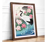 Crane Among Peonies Japandi Framed Wall Art Print A1 Walnut