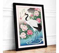 Crane Among Peonies Japandi Framed Wall Art Print A3 Black