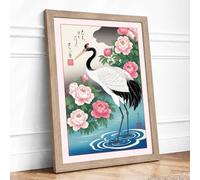 Crane Among Peonies Japandi Framed Wall Art Print A3 Oak