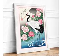 Crane Among Peonies Japandi Framed Wall Art Print A3 White