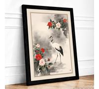 Crane Among Peonies Japandi Framed Wall Art Print A4 Black