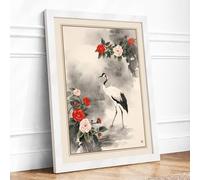 Crane Among Peonies Japandi Framed Wall Art Print A4 White