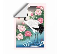 Crane Among Peonies Japandi Unframed Wall Art Print A2 (59.4×42cm), Wall