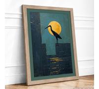 Crane and Moon Minimalist Framed Wall Art Print A2 (59.4×42cm) Oak, Wall Decor for Living Room, Bedroom, Office & Home, Ready to Hang, Art Gift