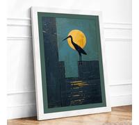 Crane and Moon Minimalist Framed Wall Art Print A3 (42×29.7cm) White, Wall Decor for Living Room, Bedroom, Office & Home, Ready to Hang, Art Gift