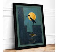 Crane and Moon Minimalist Framed Wall Art Print A4 (29.7×21cm) Black, Wall Decor for Living Room, Bedroom, Office & Home, Ready to Hang, Art Gift