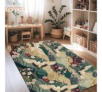 Crane Area Rug, Oriental Traditional Cherries Blossom Waves Spring Green Low Pile Sponge Soft Rectangle Carpet Stain Resistant Rugs for Living Room Bedroom Under Bed Apartment Decor 4' X 6'