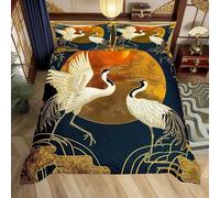 Crane Bedding Set Full,Japanese Cloud Trees Duvet Cover Set 3pcs for Kids Teens Adults Room Decor,Animals Plants Comforter Cover Ukiyo-e Style Quilt Cover with 2 Pillowcases