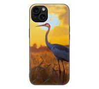 Crane Bird Wheat Field Sunset Printed Phone Case Compatible with iPhone 15/15 Plus/15 Pro/15 Pro Max Glass Back Protective Shell