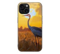 Crane Bird Wheat Field Sunset Printed Phone Case Compatible with iPhone 15/15 Plus/15 Pro/15 Pro Max Glass Back Protective Shell