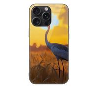 Crane Bird Wheat Field Sunset Printed Phone Case Compatible with iPhone 15/15 Plus/15 Pro/15 Pro Max Glass Back Protective Shell