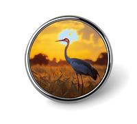 Crane Bird Wheat Field Sunset Round Badge Pin Metal Memorial Brooch Button Lapel Pins for Backpack Wedding