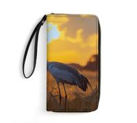 Crane Bird Wheat Field Sunset Women's Wallet Leather Coin Purse with Hand Strap Travel Long Wallets Credit Card Holder for Daily Use Gifts