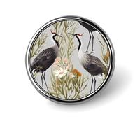 Crane Bird Wild Plants Brooch with Button Design, Funny Backpack Pins for Women, Personalized Brooch Pins for Men, Round Badge for Hat, Cute Badge Holders for Activity