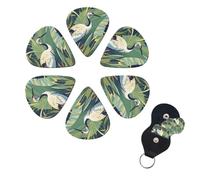 Crane Bird Wild Plants Guitar Picks 6 Pack, 0.46mm Thickness Celluloid Bass Pick with Leather Guitar Pick Holder Keychain Abstract Art Pics Plectrum for Acoustic Electric Guitar, Ukulele, Bass