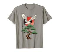 Crane Bonsai Tree Red Sun Japanese Zen Nature T-Shirt